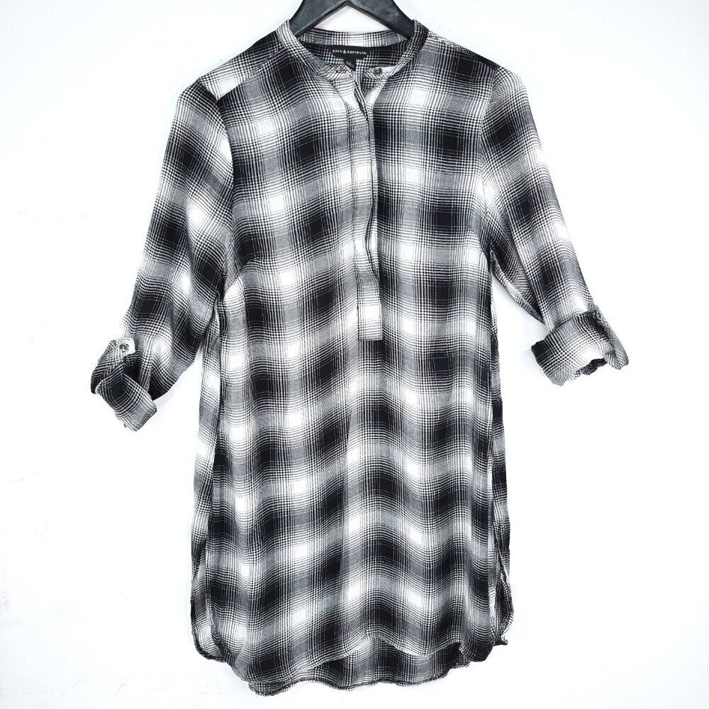 Rock & Republic Black White Plaid Peasant Roll Tab Tunic Top Grunge Goth